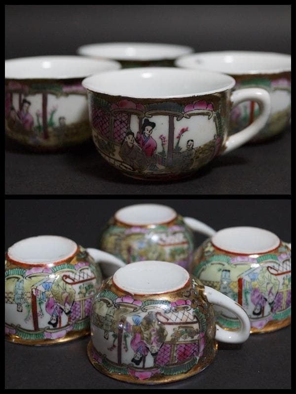 中国 広彩 粉彩色絵『窓絵美人鳥花図』 茶器セット(急須/湯呑み