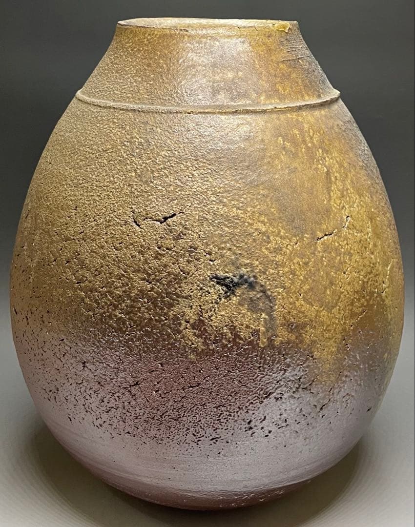 吉本正　備前花器　大作 　32cm 　共箱(四方桟盛蓋) 　共布　栞　Y2