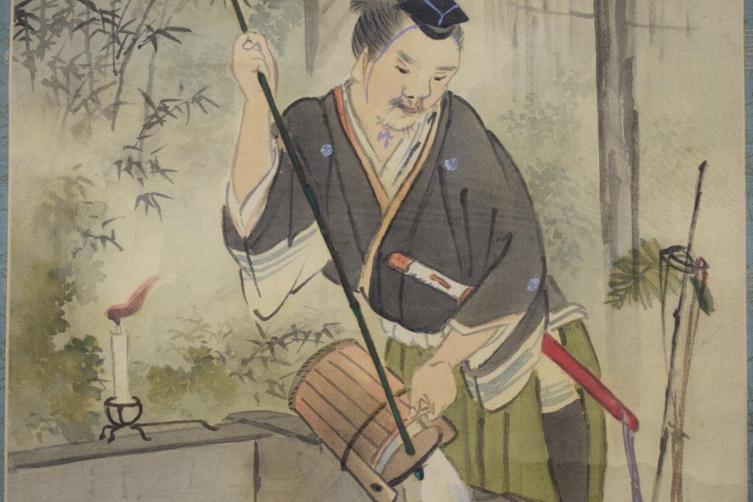 真作】里見雲嶺/若水之図/人物図/汲水行事/掛軸☆宝船