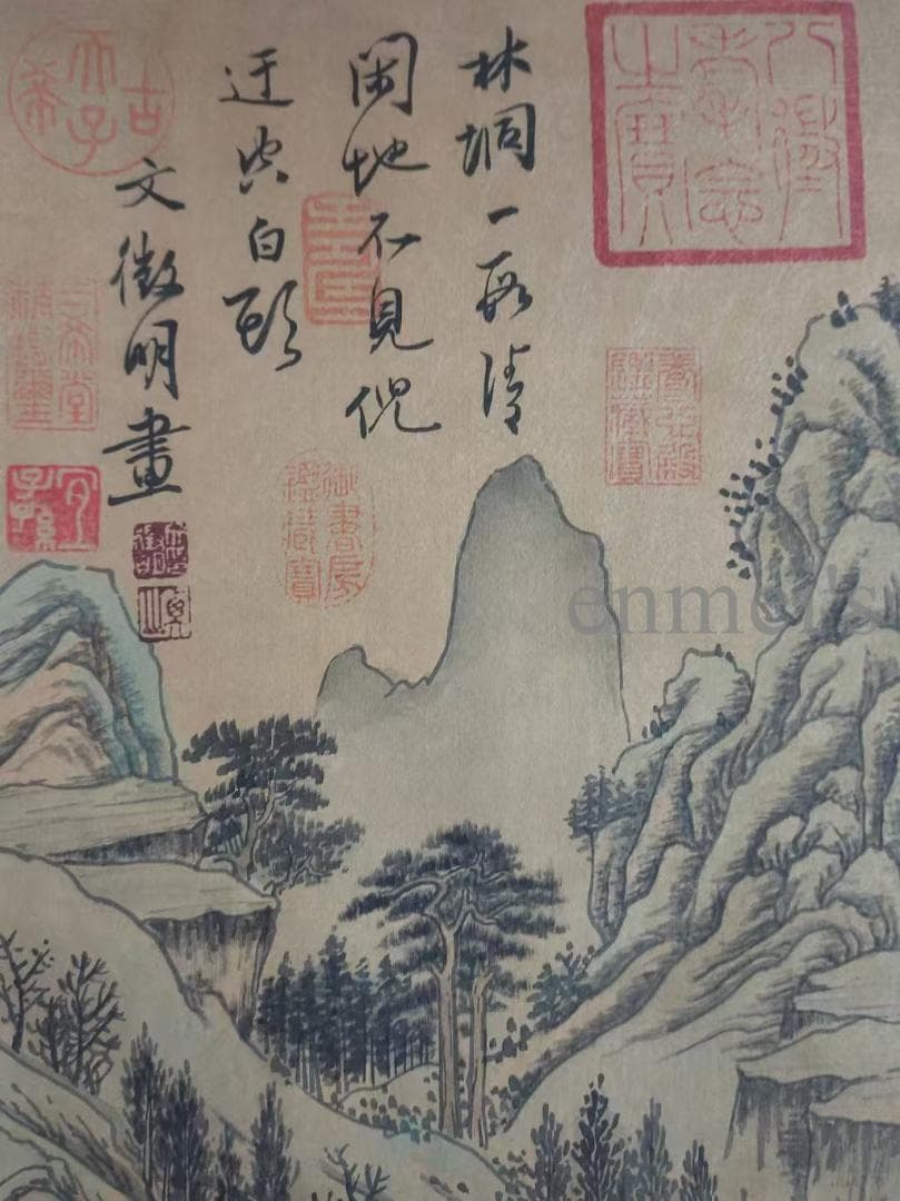 中国古美術・純手描き山水図掛軸・水墨画・文徴明印款・書道品・
