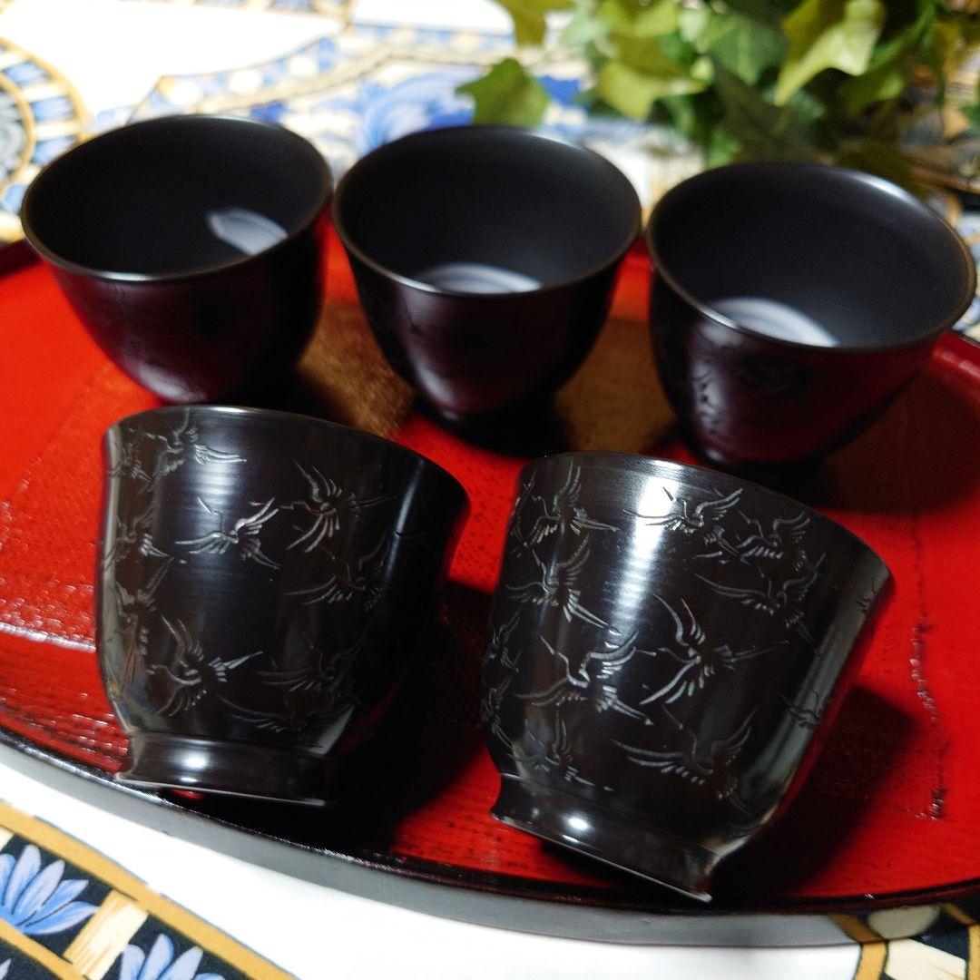常滑焼 山田宝生作 細密彫 黒泥彫刻 千羽鶴文 煎茶碗 5客 美術品