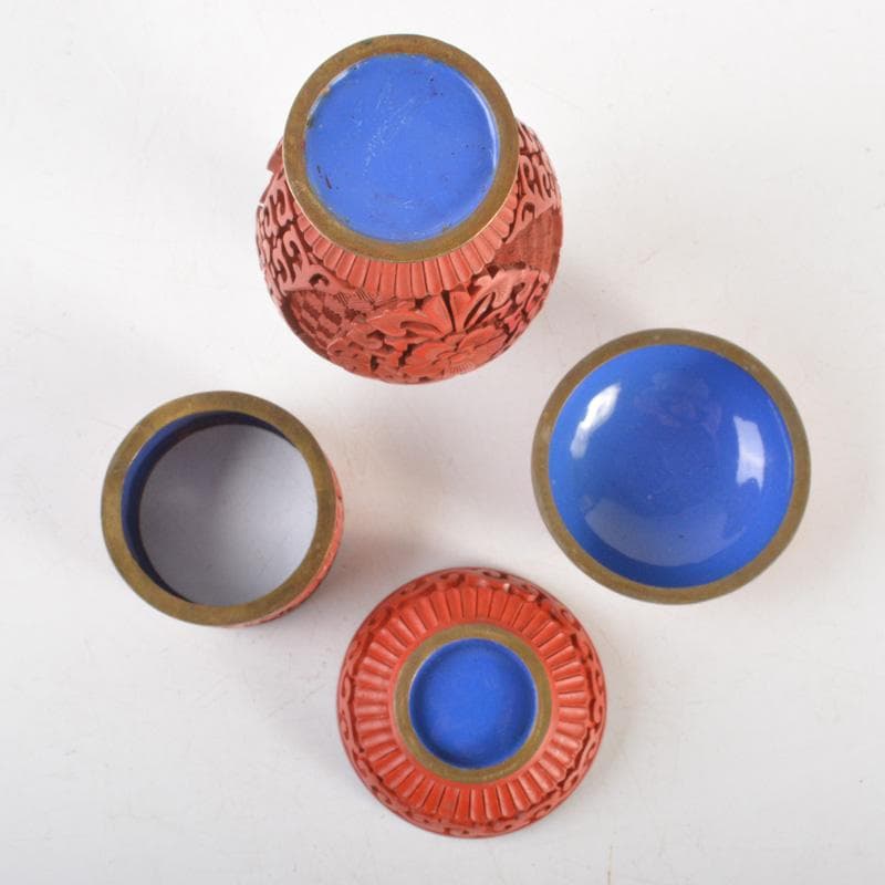 中国　剔紅　堆朱　内七宝　花文瓶　蓋物など　3点まとめて　V　6260