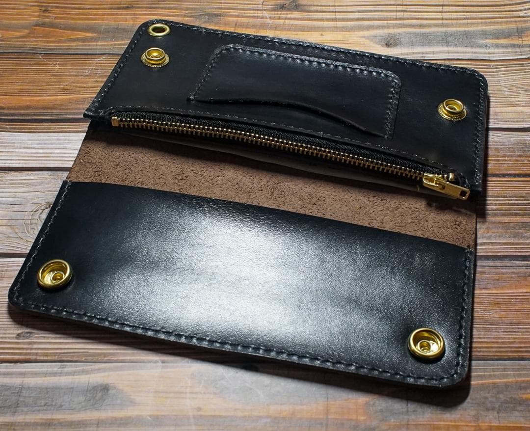 ロング トラッカーウォレット 馬革 二層 ブラック 真鍮 トラッカーウォレット