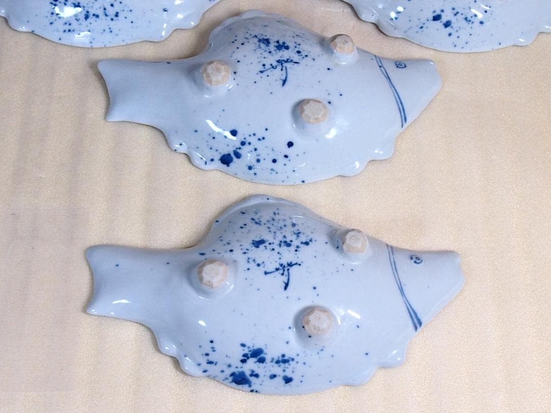 【未使用】高橋芳宣 染付魚型向付 7客 魚文向附 銘々皿/菓子皿 茶道具 食器