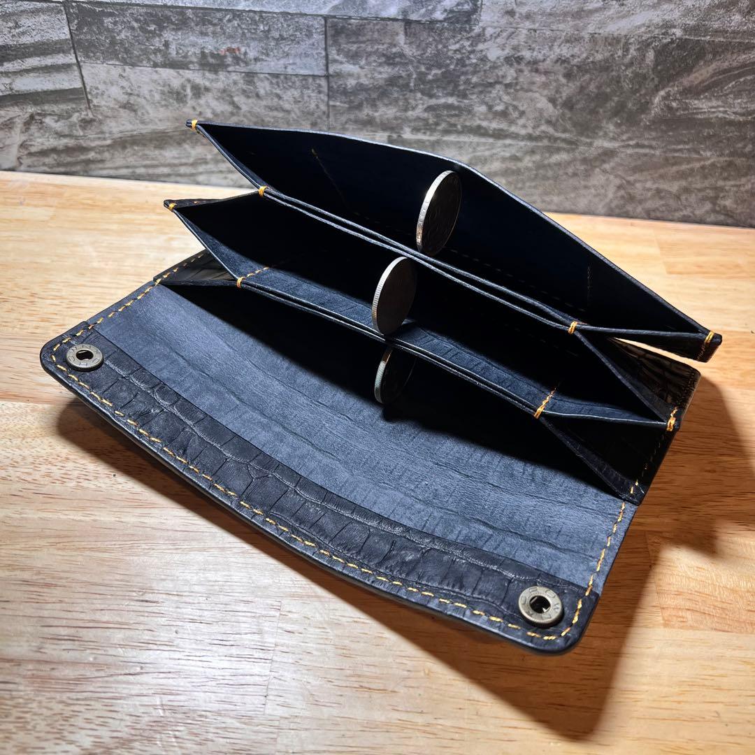 ロングトラッカー 財布 黒 国産ロロマ革 クロコ型押 手縫い　テンダーロイン　風