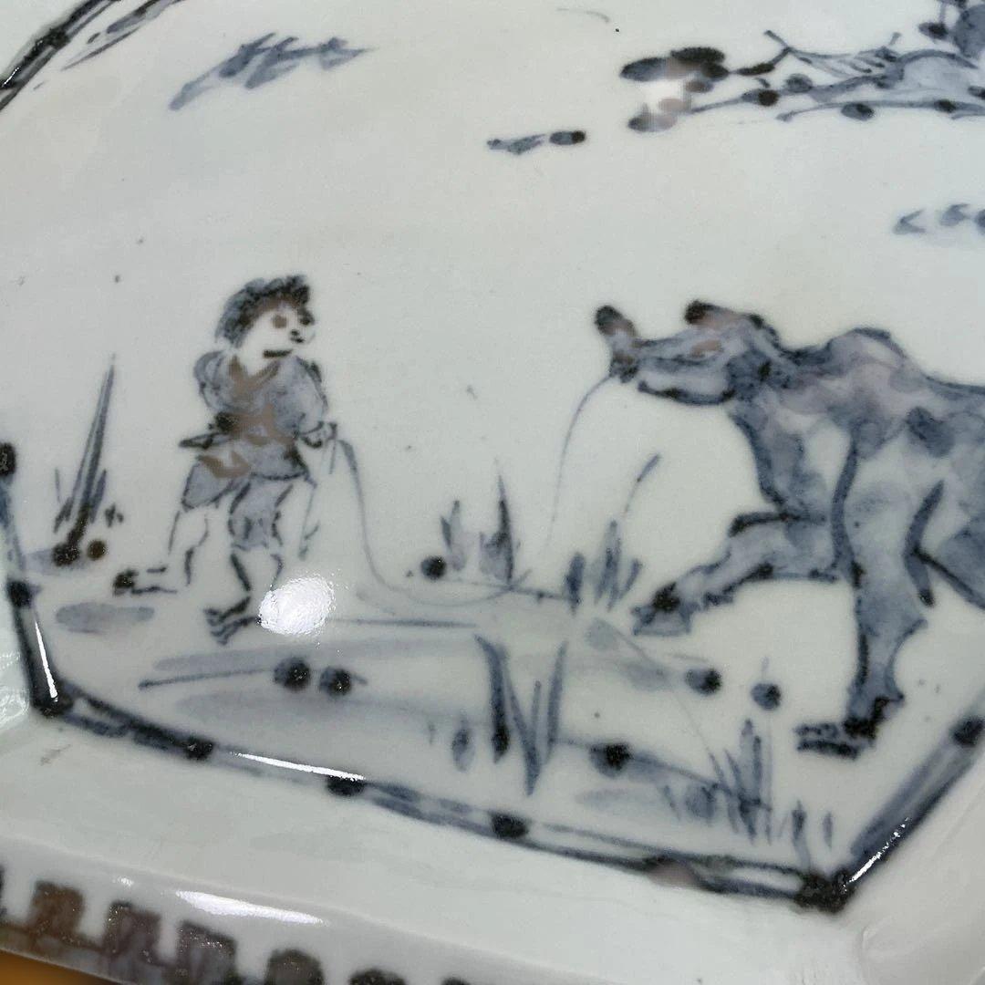 坪島土平 染付童牛絵六角鉢 廣永窯 美品 35cm