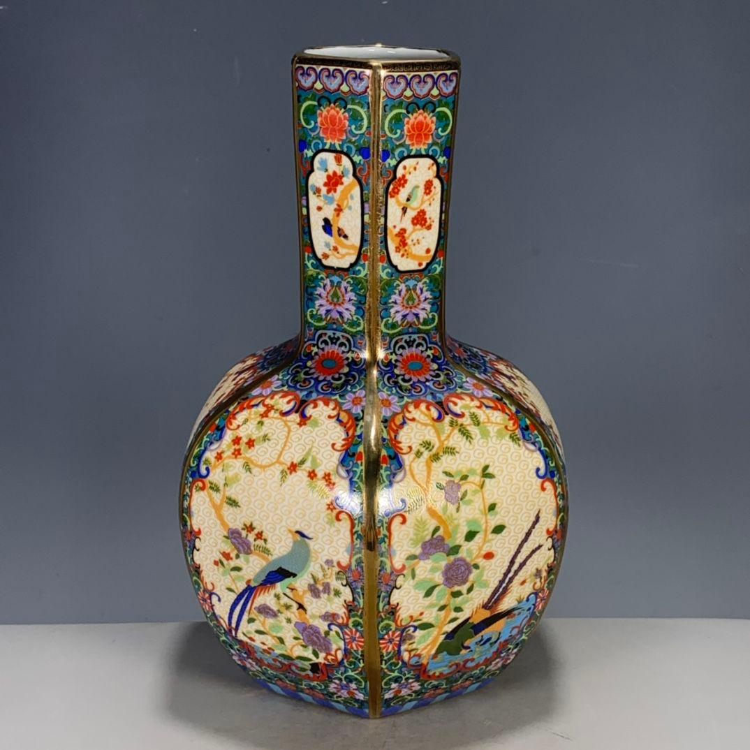 パステル蒔絵花鳥多稜天球瓶 景徳鎮 陶磁器 装飾品 工芸品 美術品 置物