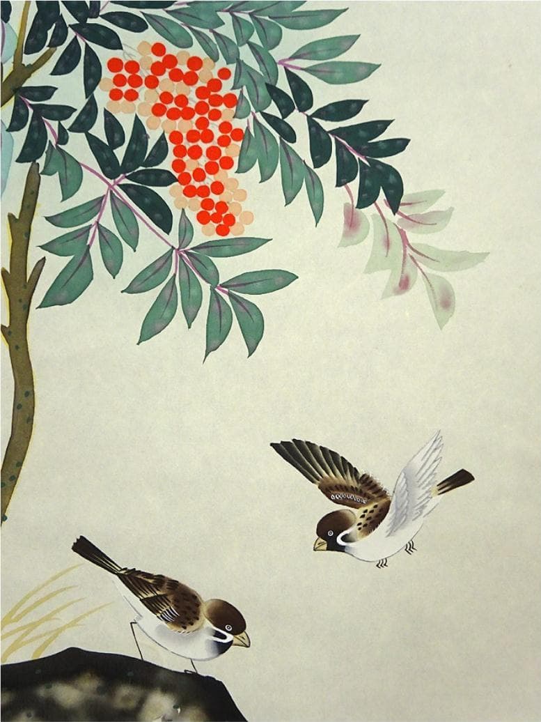 掛軸 諏訪皓人『南天福寿図』日本画 花鳥図 絹本 共箱付 掛け軸