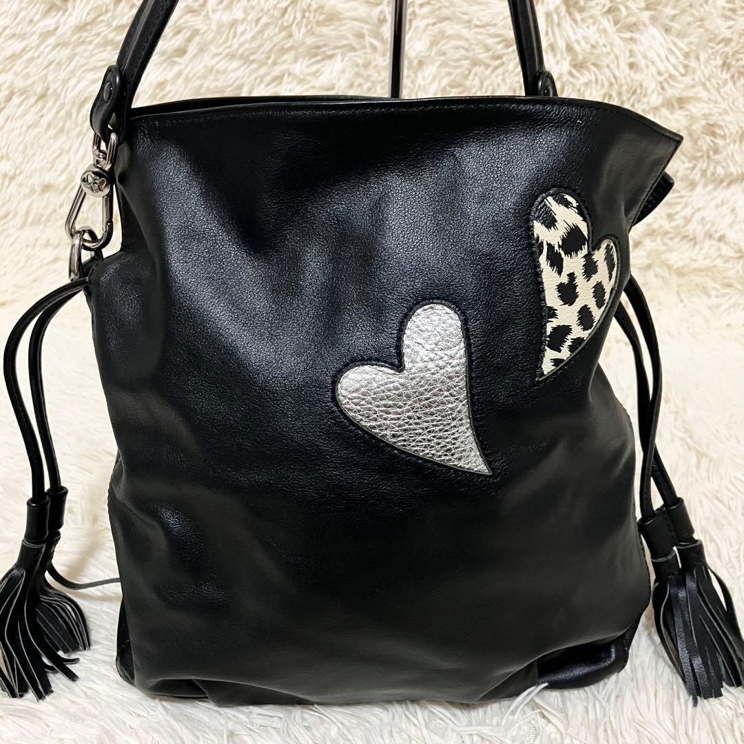 【美品】 シンクビー 巾着 2way ラインストーン レザーブラック