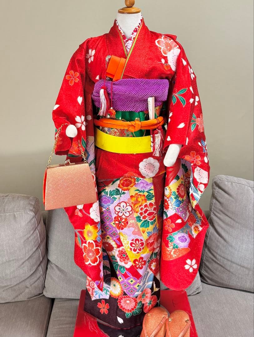 7歳七五三　フルセット　赤系着物　草履バッグ付き