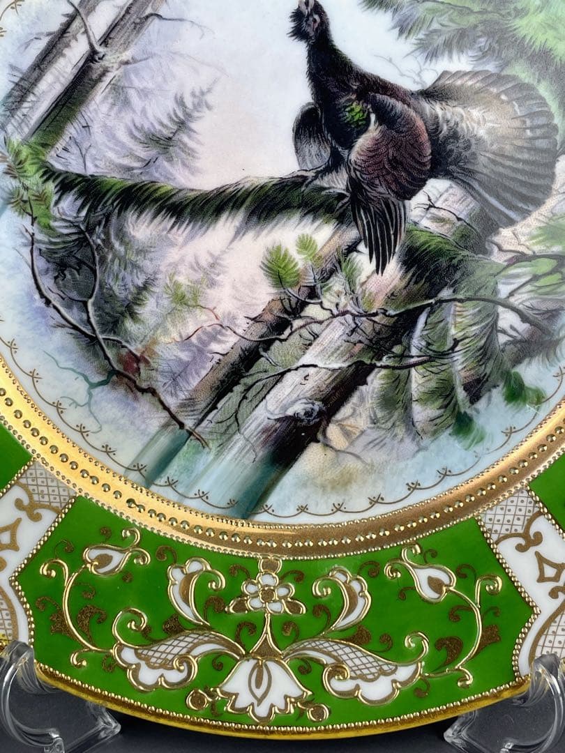 美品】 オールドノリタケ 21．9㎝ ライチョウ紋金盛り皿 雉 キジ 黒雷鳥