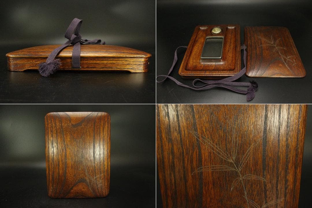 笹蒔絵 板文庫硯 共箱 未使用 文房四宝(A923)