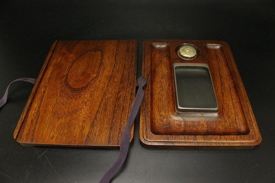 笹蒔絵 板文庫硯 共箱 未使用 文房四宝(A923)