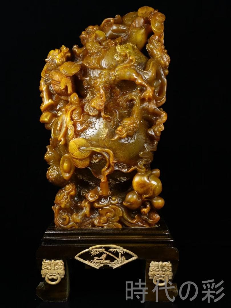 中国古美術【寿山田黄石 招財進宝】滄朋作款 旧蔵重器 11.61kg 鏤空 在銘