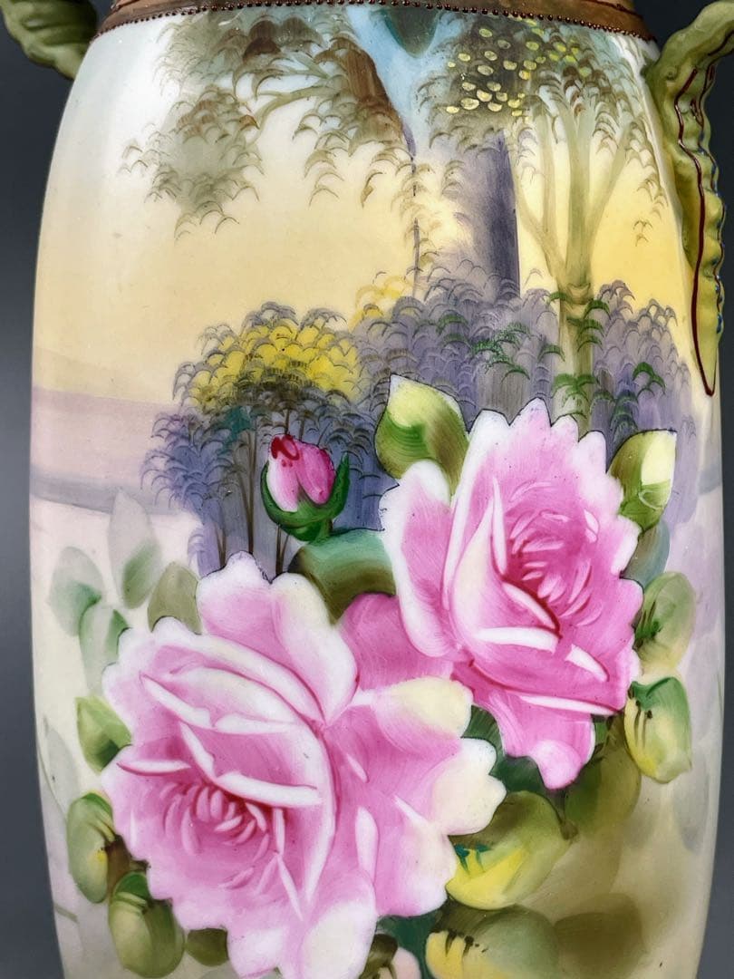 美品】オールドノリタケ 約25cm 薔薇紋 エナメル盛り 花瓶 アール