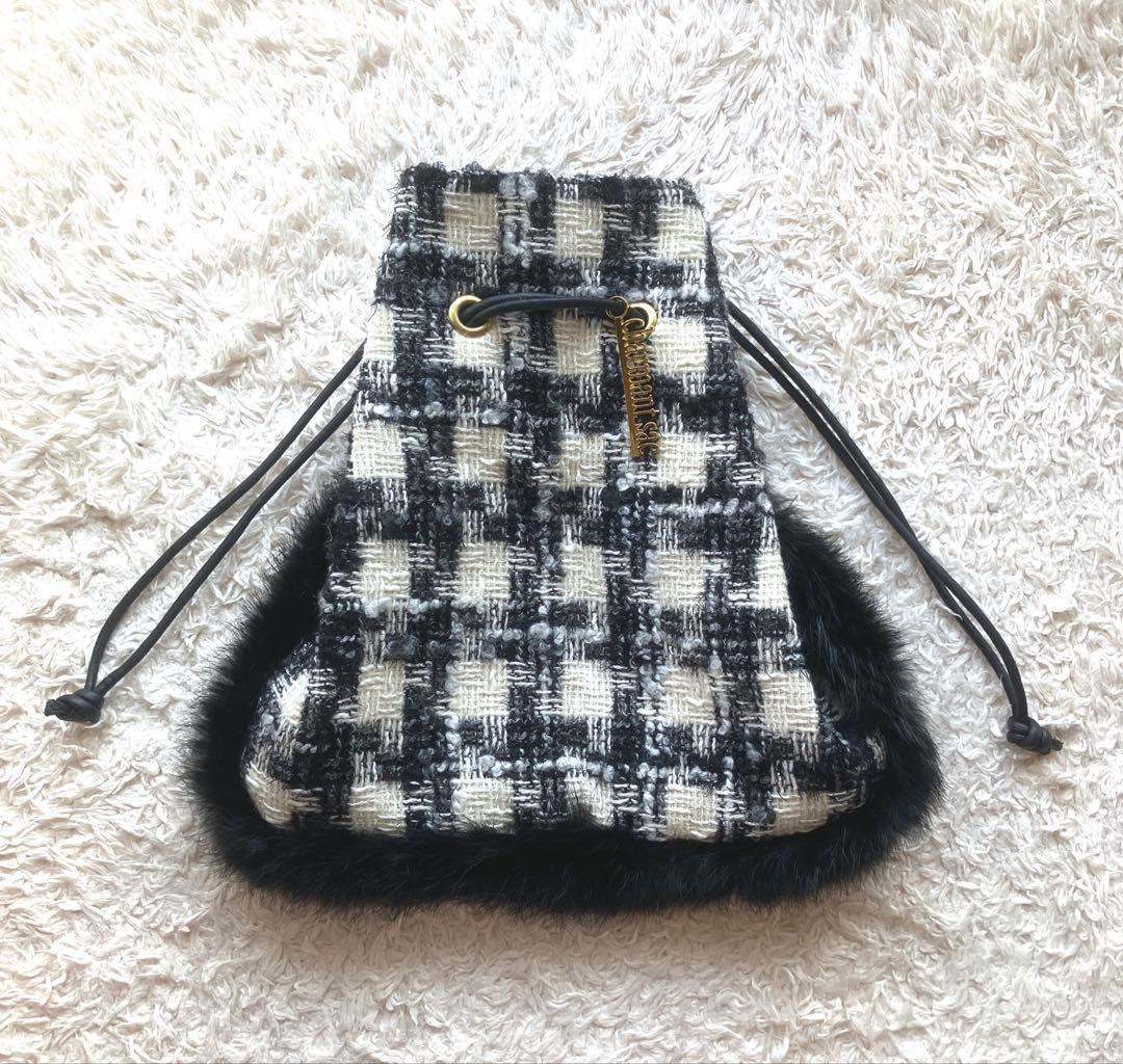 ぷ*ー様 新品◯シャルマントサック ミックスツイード ファー バッグ