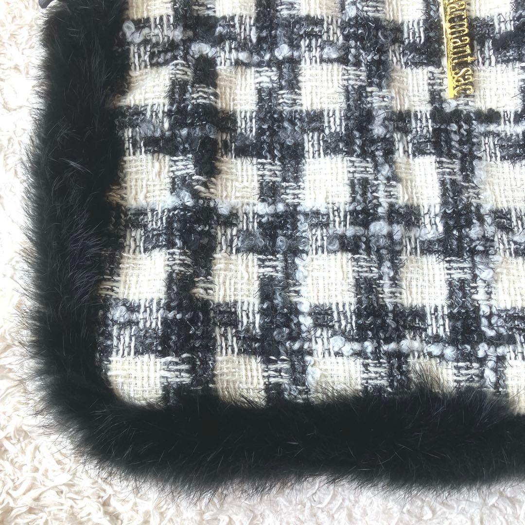 ぷ*ー様 新品◯シャルマントサック ミックスツイード ファー バッグ