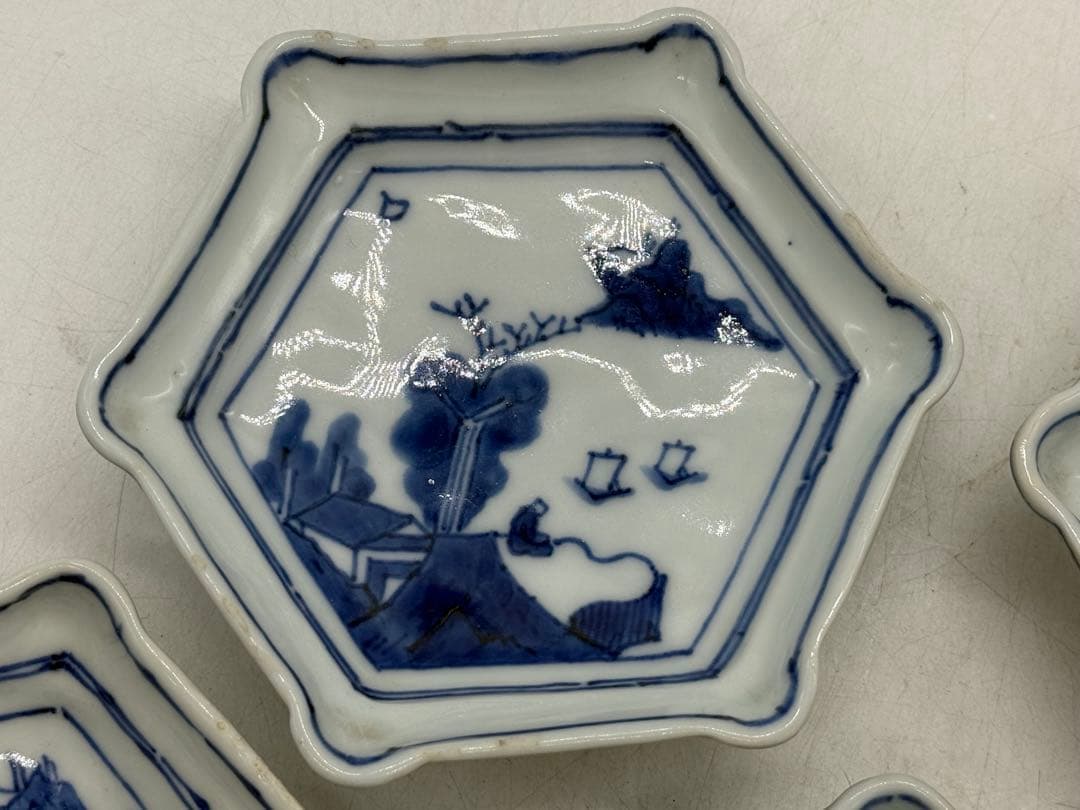 古染 染付山水人物紋角皿5点 古渡 送料込み251108