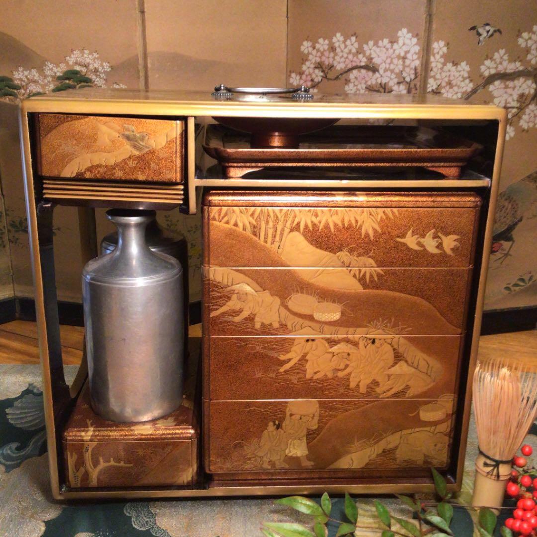 ➀【特別出品】総梨地 大名道具 農耕蒔絵 蒔絵 野弁当 提げ重 （共箱