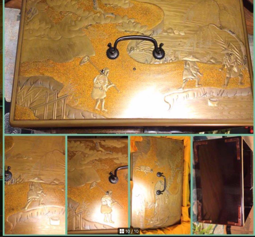 ➀【特別出品】総梨地 大名道具 農耕蒔絵 蒔絵 野弁当 提げ重 （共箱