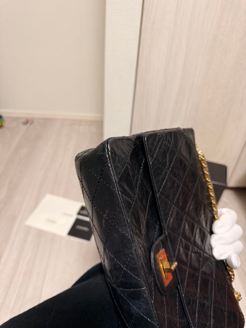 シャネル 2.55 マトラッセ28 ダブルチェーンショルダーバッグ カーフ　黒