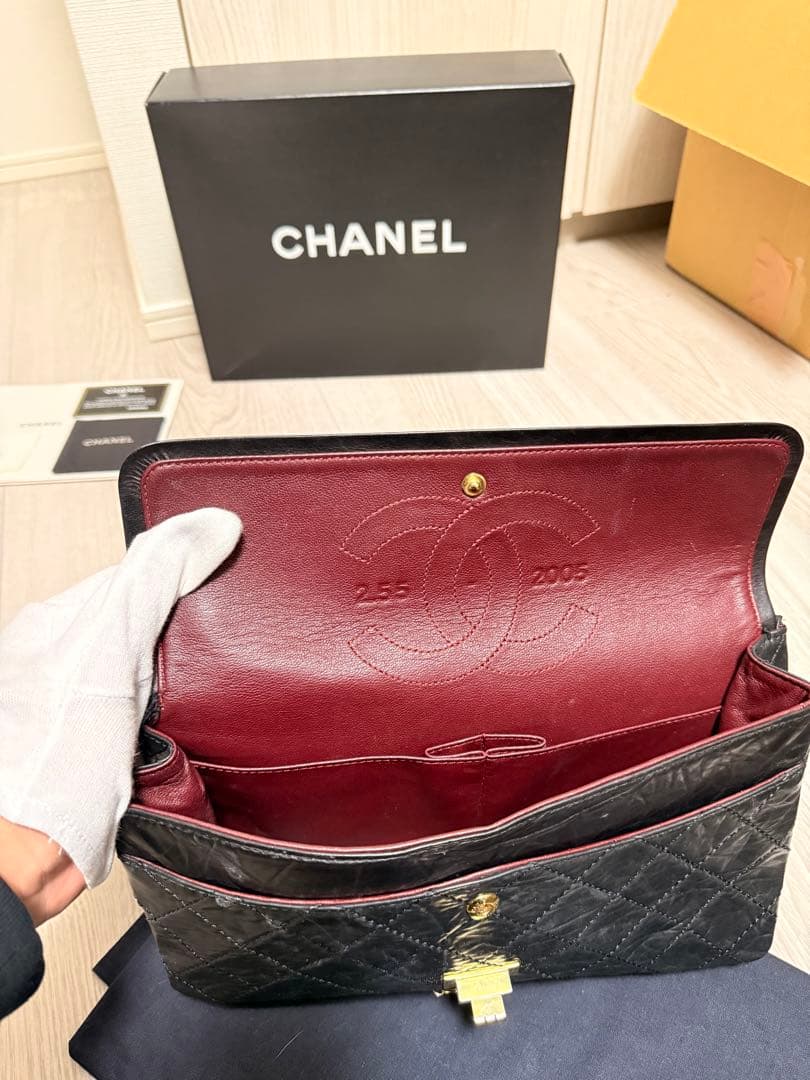 シャネル 2.55 マトラッセ28 ダブルチェーンショルダーバッグ カーフ　黒