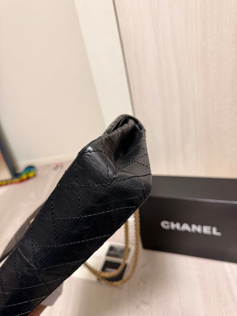 シャネル 2.55 マトラッセ28 ダブルチェーンショルダーバッグ カーフ　黒