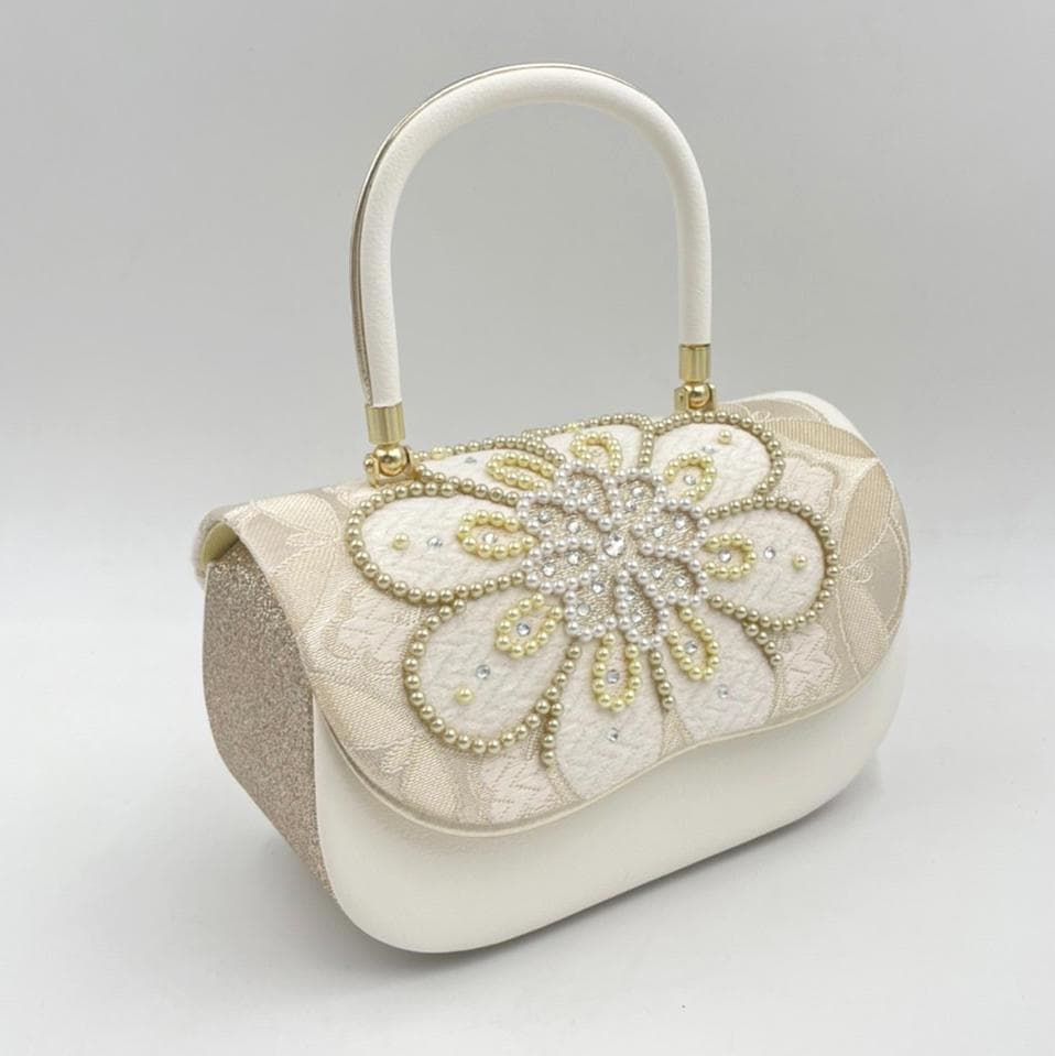 豪華ビーズパール刺繍 西陣帯地 振袖バッグ草履セット アイボリー