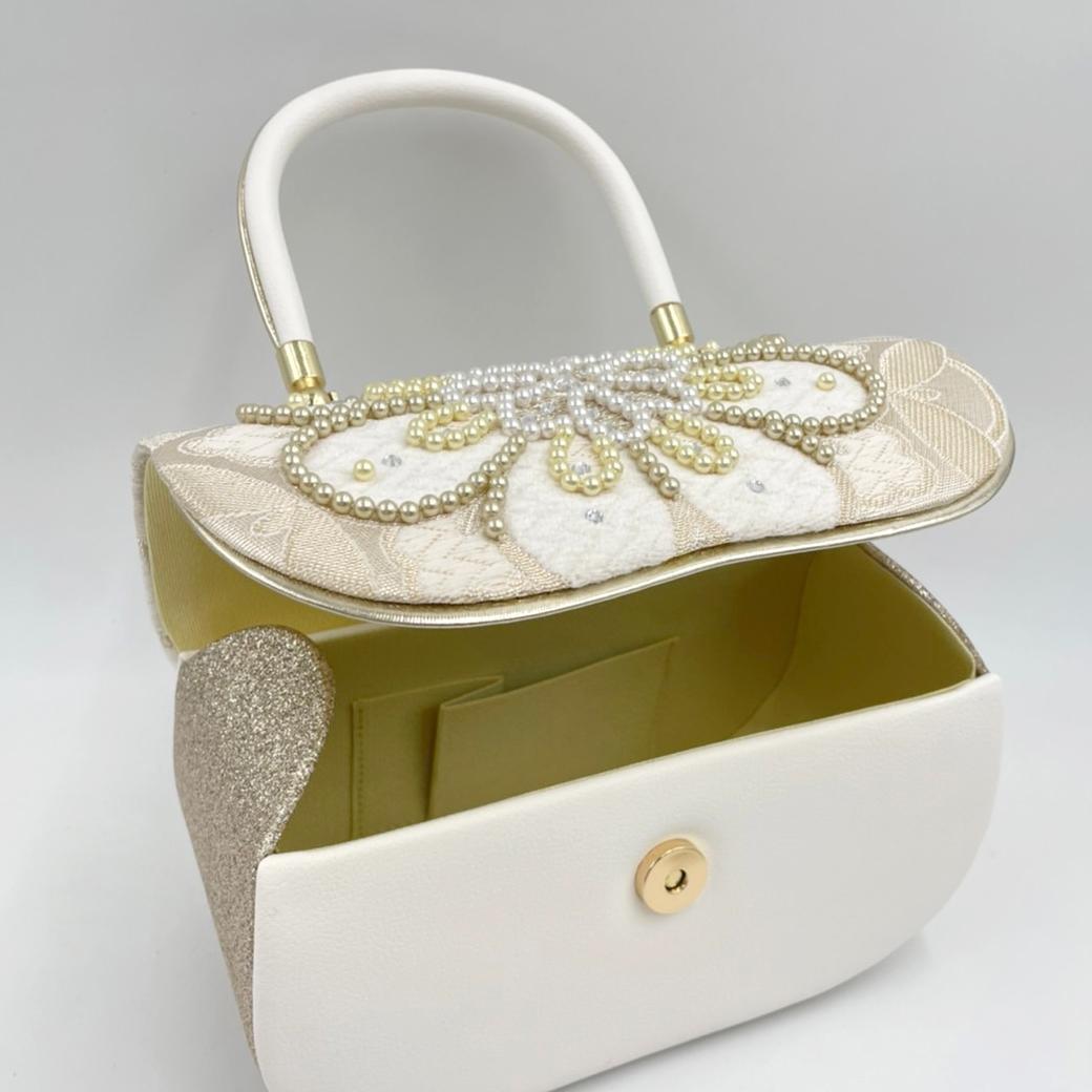 豪華ビーズパール刺繍 西陣帯地 振袖バッグ草履セット アイボリー