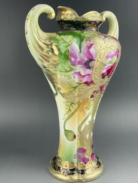 【大型】オールドニッポン 約30㎝ 芥子紋花瓶 アールヌーボー 金盛り ポピー