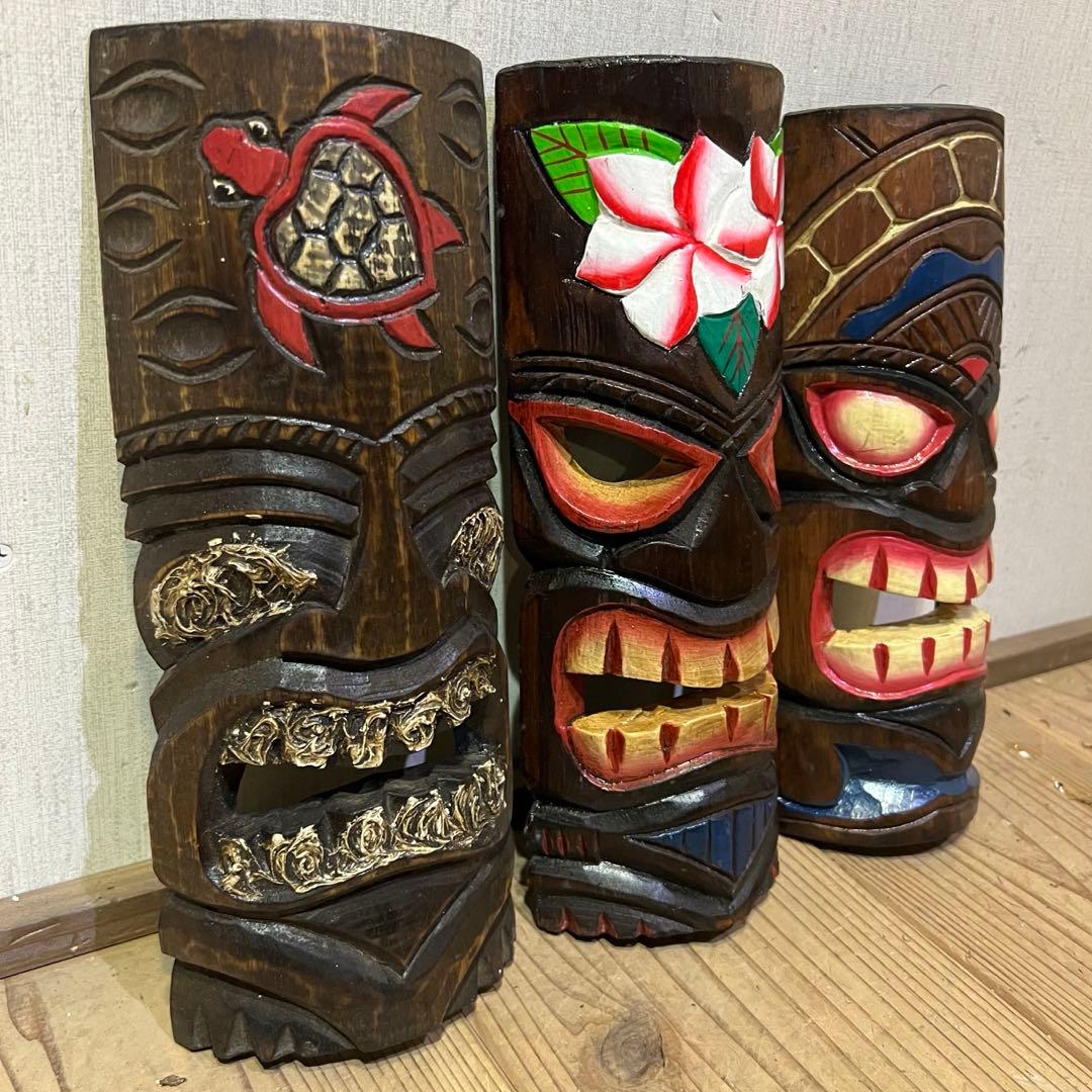 ハワイ 飾り物 ティキ面 お面 マスク カラフルなティキ面30 7点セット