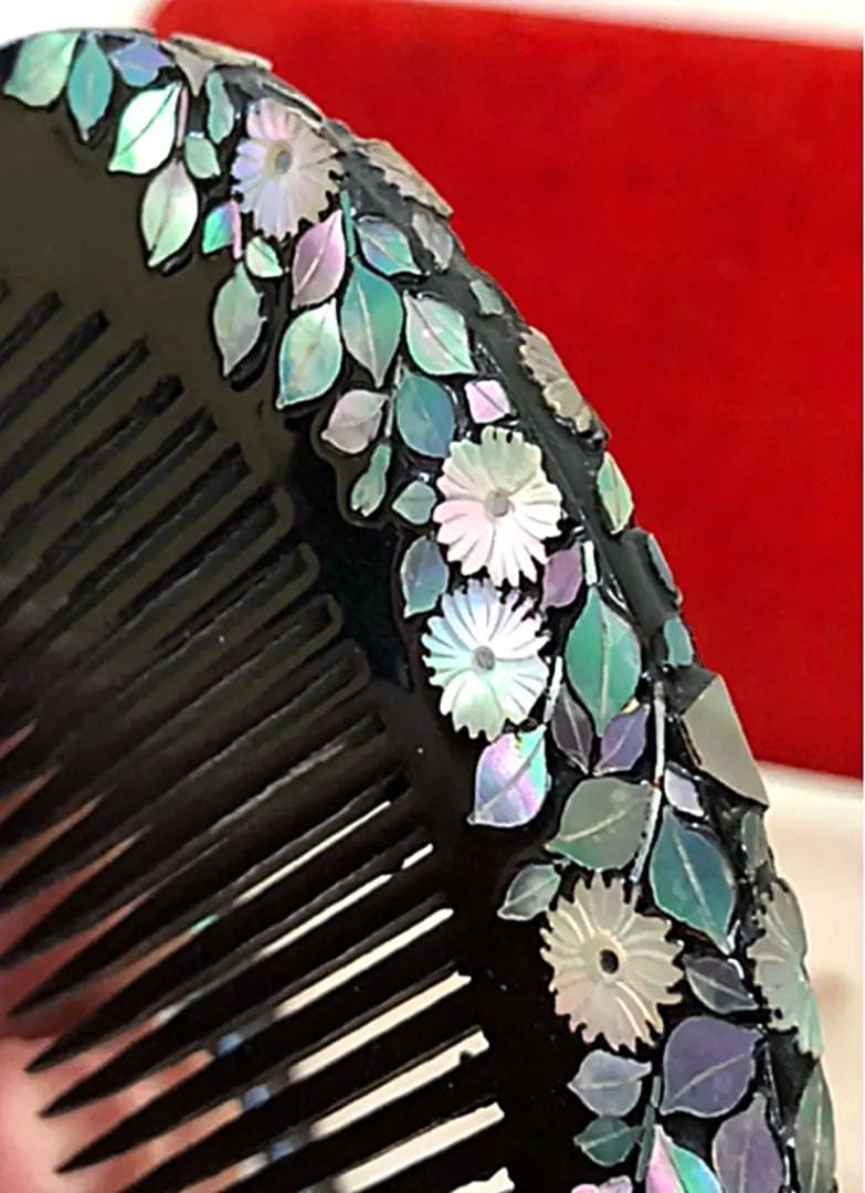 木製 天阿 草花 螺鈿 青貝 蒔絵 櫛、笄(こうがい) セット