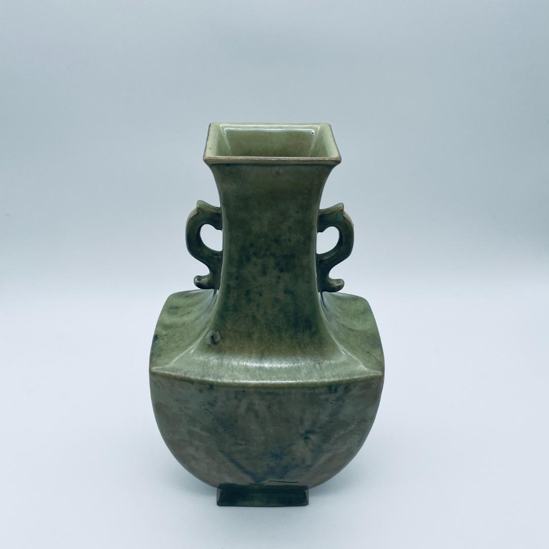 大正】小森忍 緑釉雙耳瓶 匋雅堂製款 大連市 中国美術 中国古玩
