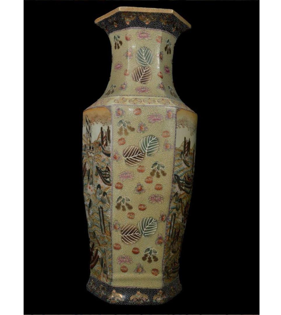 【大壷 92.5cm】薩摩 色絵金彩花唐草山水舟絵付 特大 花瓶 大壷 飾り壷