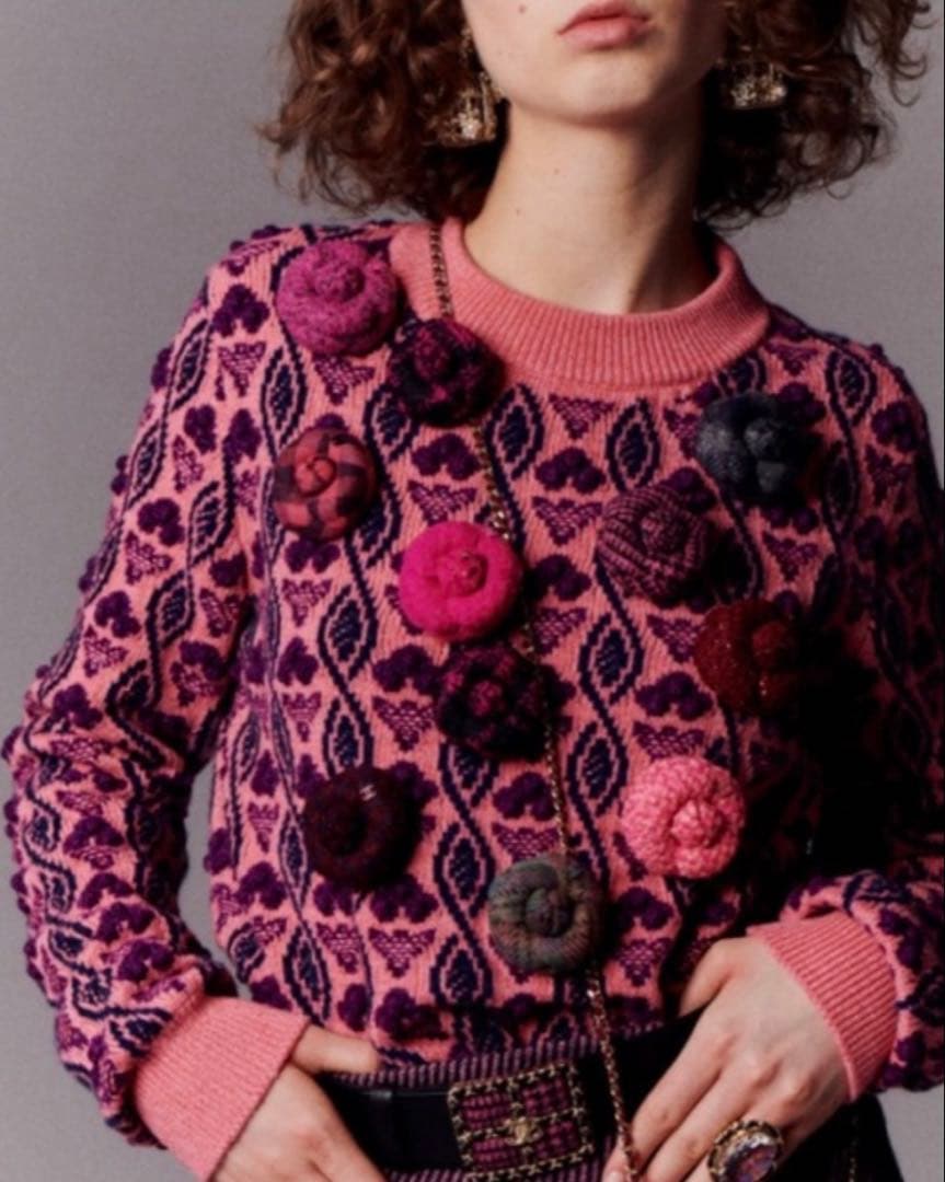 CHANEL シャネルカメリアココマークチェックブローチピンク