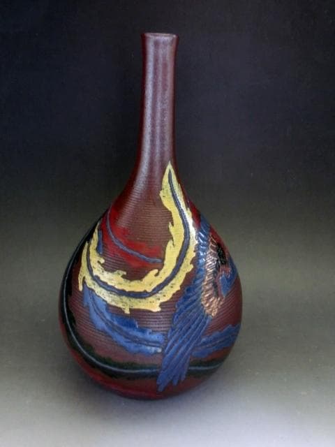 花瓶■色絵備前 鳳凰紋 花生 花器 一輪挿し 徳利型 古美術 時代物 骨董品■