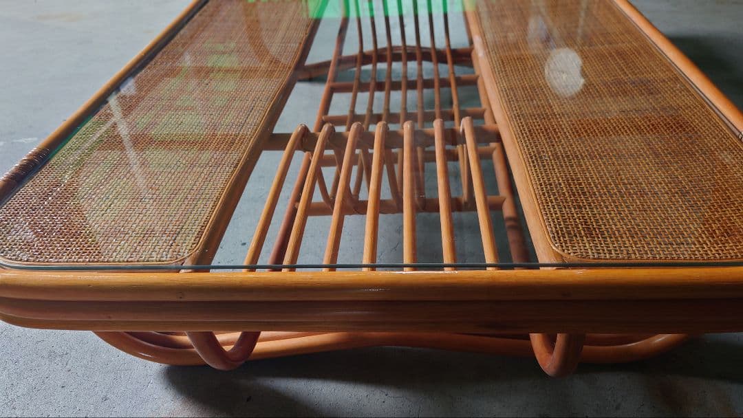 ラタン製 ローテーブル センターテーブル ガラス天板 昭和レトロ
