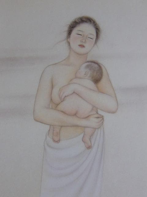 安田育代、【母と子】、希少な額装用画集より、新品額装付、状態良好