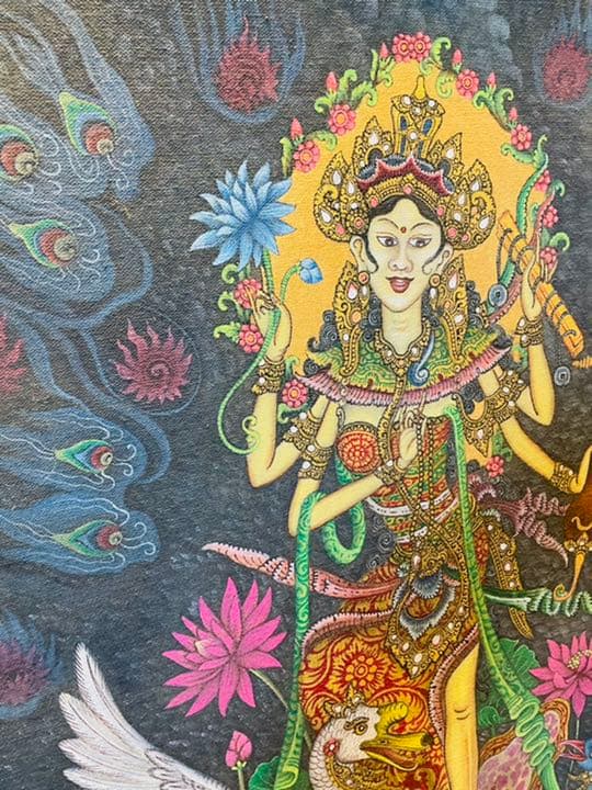 バリ絵画 縦80cm横60cm 額縁無 女神 鳥 孔雀 クジャク peacock