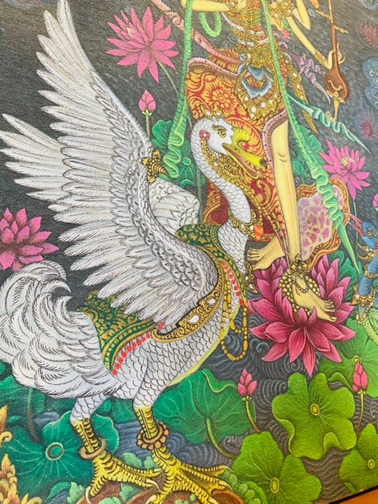 バリ絵画 縦80cm横60cm 額縁無 女神 鳥 孔雀 クジャク peacock