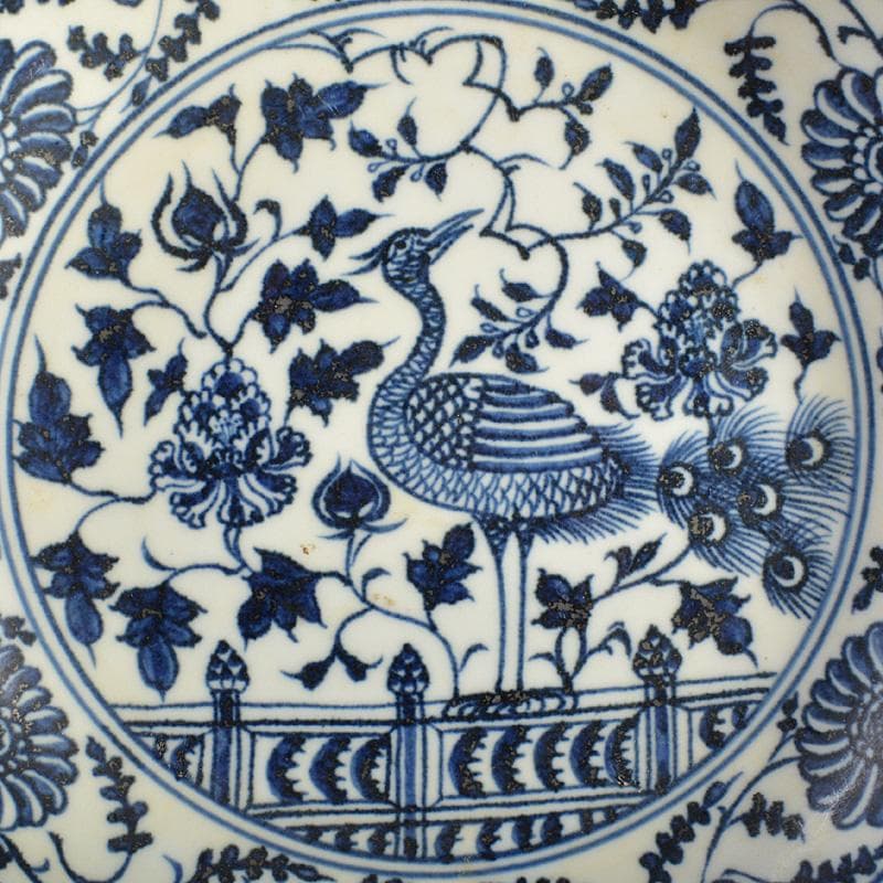 中国 青花 鳥纏枝花卉文盤 V R6802E
