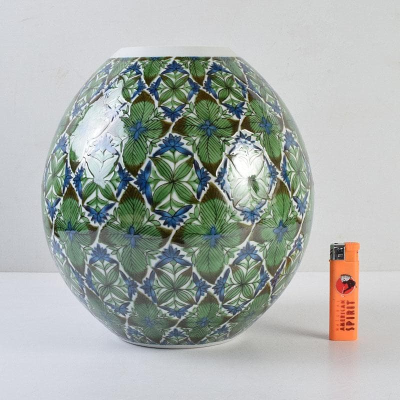 九谷焼　宮川哲爾造　色絵草花更紗文　壷　共布共箱　M　R9261H