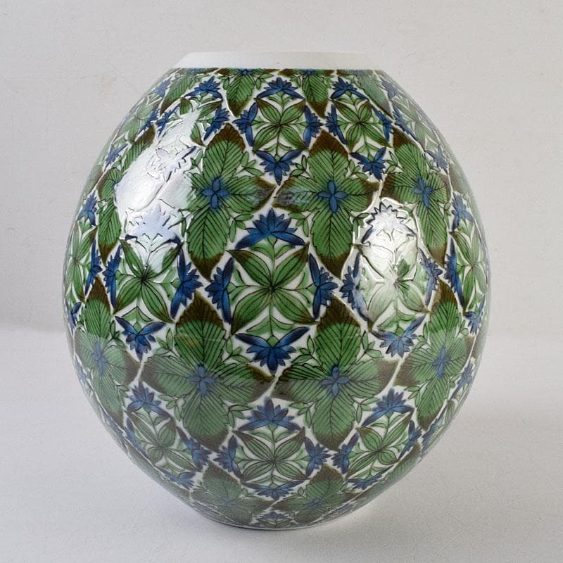 九谷焼　宮川哲爾造　色絵草花更紗文　壷　共布共箱　M　R9261H