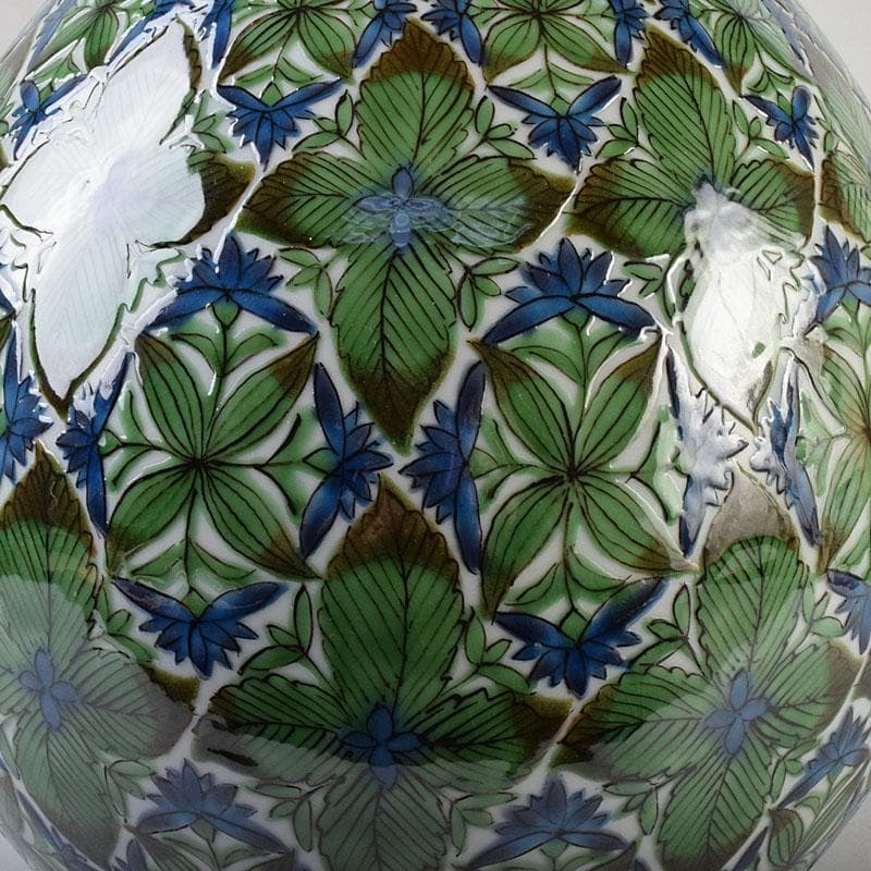 九谷焼 宮川哲爾造 色絵草花更紗文 壷 共布共箱 M R9261H