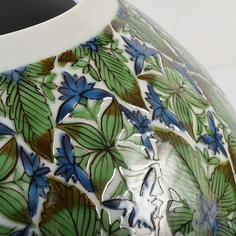 九谷焼　宮川哲爾造　色絵草花更紗文　壷　共布共箱　M　R9261H