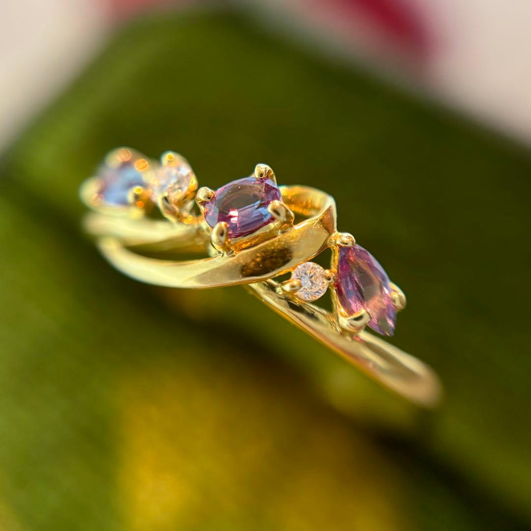 天然非加熱アレキサンドライト ダイヤモンド リング 計0.31ct K18
