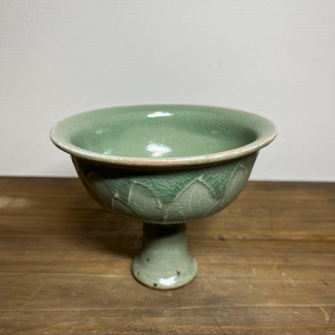 中国骨董 青磁 龍泉窯 高足杯 青磁銹斑高足盃（飛青磁） 龍泉