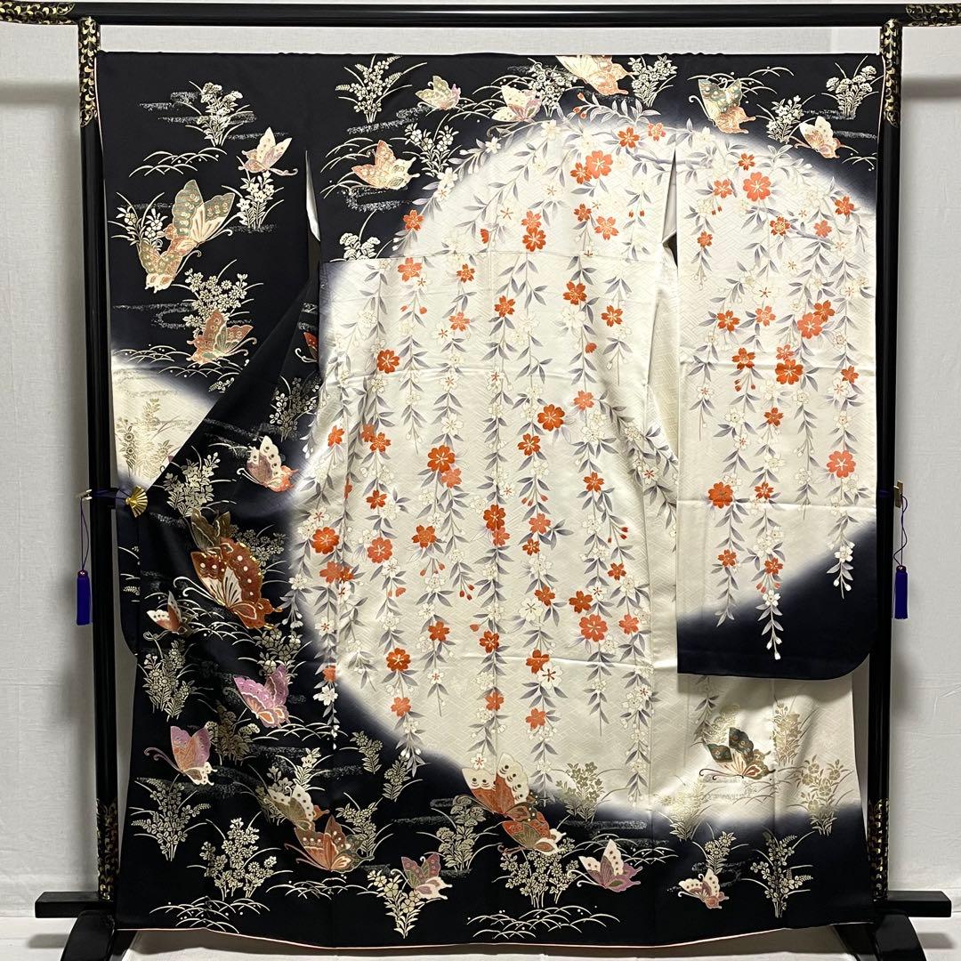D771 振袖　蝶々　金駒刺繍　枝垂れ桜　正絹　着物　袷　極美品 D965 振袖金駒刺繍蝶枝垂れ桜正絹着物袷美品