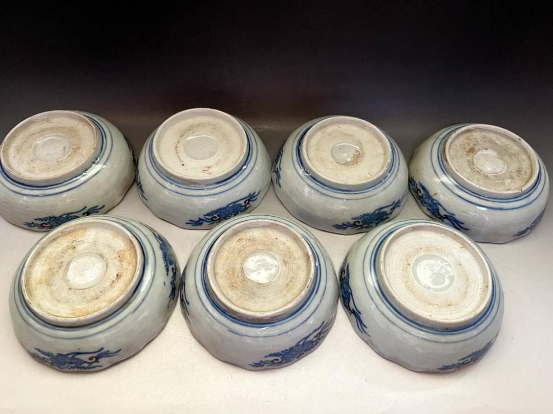 皿■伊万里赤絵膾鉢 なます皿 7客（明治期）山城 松竹梅 手描き印判 蛇の目高台