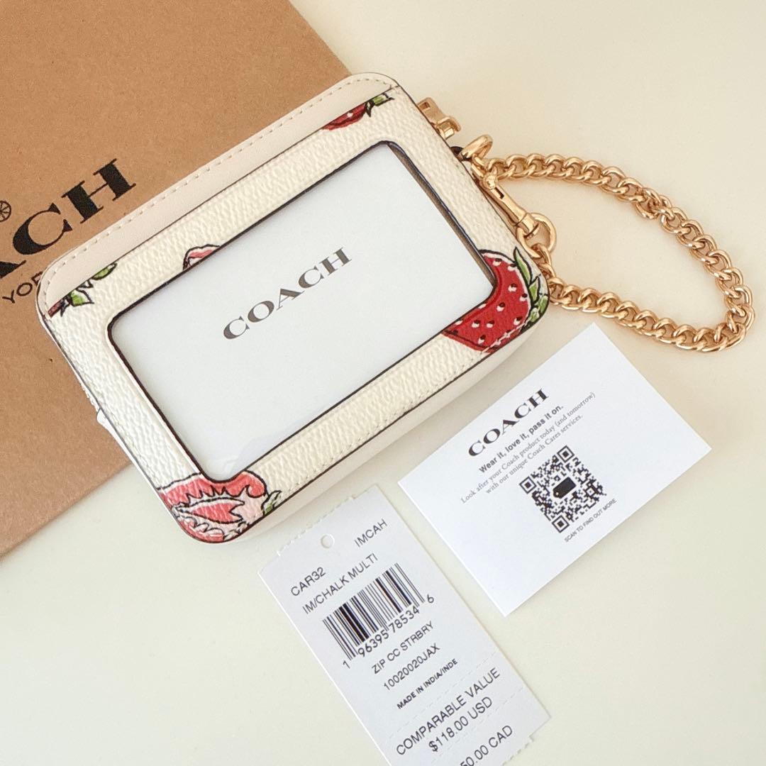 COACH コース　ケース　小銭入れ財布　ホワイト　レッド　苺柄　イチゴ柄